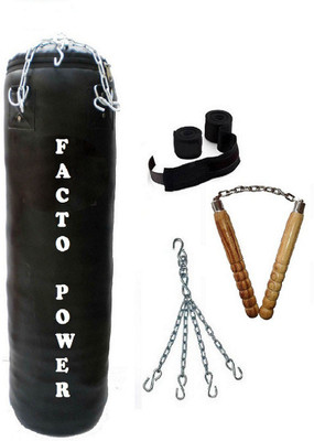 

FACTO POWER 6.0 Feet Long, P.U Material, Black Color, Unfilled with Hanging Chain with 9 Feet Long Black Color Hand Wraps Pair & Wooden Handle Non Chaku Boxing Kit