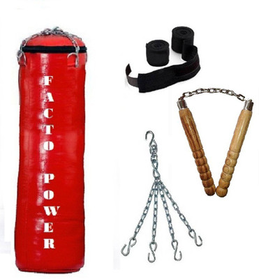 

Facto Power 1.5 Feet Long, SRF - ECONOMIC Material, Red Color, Unfilled with Hanging Chain with 9 Feet Long Black Color Hand Wraps Pair & Wooden Handle Non Chaku Boxing Kit