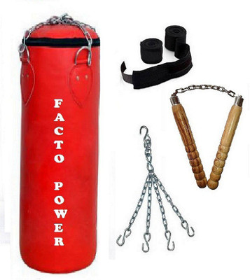 

FACTO POWER 5.5 Feet Long, P.U Material, Red Color, Unfilled with Hanging Chain with 9 Feet Long Black Color Hand Wraps Pair & Wooden Handle Non Chaku Boxing Kit