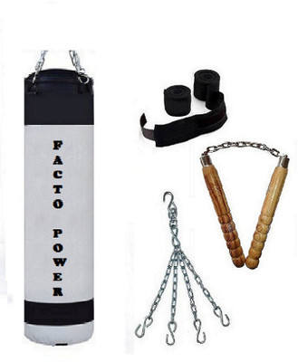 

FACTO POWER 3.5 Feet Long, P.U Material, White and Black Color, Unfilled with Hanging Chain with 9 Feet Long Black Color Hand Wraps Pair & Wooden Handle Non Chaku Boxing Kit