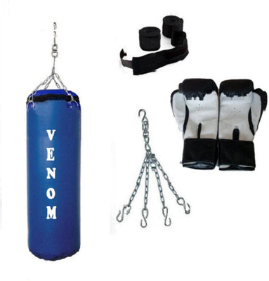 

Venom 5.0 Feet Long, SRF - HEAVY Material, BLUE Color, Unfilled with Hanging Chain with 9 Feet Long BLACK Color Hand Wraps Pair & Boxing Gloves Pair Boxing Kit
