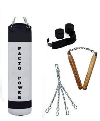 

FACTO POWER 4.5 Feet Long, P.U Material, White and Black Color, Unfilled with Hanging Chain with 9 Feet Long Black Color Hand Wraps Pair & Wooden Handle Non Chaku Boxing Kit