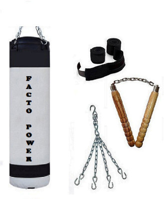 

Facto Power 2.0 Feet Long, P.U Material, White and Black Color, Unfilled with Hanging Chain with 9 Feet Long Black Color Hand Wraps Pair & Wooden Handle Non Chaku Boxing Kit