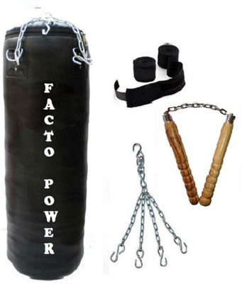 

FACTO POWER 4.5 Feet Long, P.U Material, Black Color, Unfilled with Hanging Chain with 9 Feet Long Black Color Hand Wraps Pair & Wooden Handle Non Chaku Boxing Kit