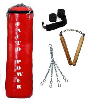 

FACTO POWER 6.5 Feet Long, SRF - ECONOMIC Material, Red Color, Unfilled with Hanging Chain with 9 Feet Long Black Color Hand Wraps Pair & Wooden Handle Non Chaku Boxing Kit
