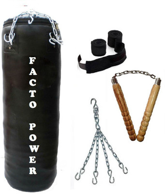 

Facto Power 1.5 Feet Long, P.U Material, Black Color, Unfilled with Hanging Chain with 9 Feet Long Black Color Hand Wraps Pair & Wooden Handle Non Chaku Boxing Kit