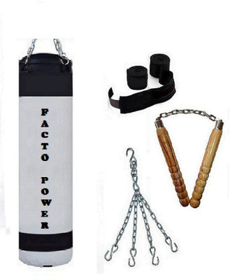 

FACTO POWER 2.5 Feet Long, P.U Material, White and Black Color, Unfilled with Hanging Chain with 9 Feet Long Black Color Hand Wraps Pair & Wooden Handle Non Chaku Boxing Kit