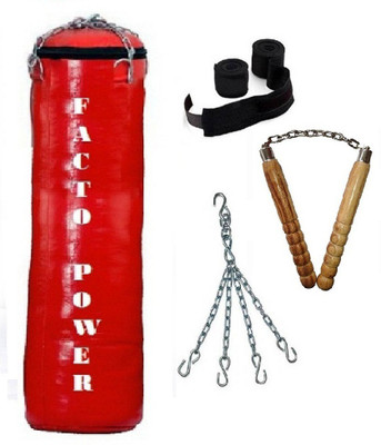 

FACTO POWER 7.5 Feet Long, SRF - ECONOMIC Material, Red Color, Unfilled with Hanging Chain with 9 Feet Long Black Color Hand Wraps Pair & Wooden Handle Non Chaku Boxing Kit