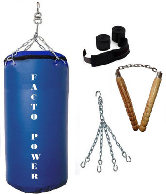 

Facto Power 3.0 Feet Long, SRF - ECONOMIC Material, Blue Color, Unfilled with Hanging Chain with 9 Feet Long Black Color Hand Wraps Pair & Wooden Handle Non Chaku Boxing Kit