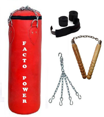 

FACTO POWER 8.0 Feet Long, P.U Material, Red Color, Unfilled with Hanging Chain with 9 Feet Long Black Color Hand Wraps Pair & Wooden Handle Non Chaku Boxing Kit