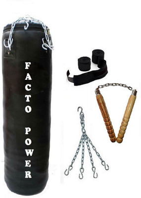 

FACTO POWER 5.5 Feet Long, P.U Material, Black Color, Unfilled with Hanging Chain with 9 Feet Long Black Color Hand Wraps Pair & Wooden Handle Non Chaku Boxing Kit