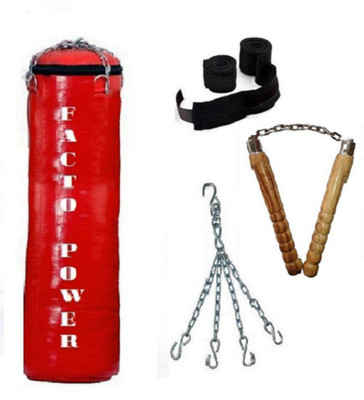

FACTO POWER 5.0 Feet Long, SRF - ECONOMIC Material, Red Color, Unfilled with Hanging Chain with 9 Feet Long Black Color Hand Wraps Pair & Wooden Handle Non Chaku Boxing Kit