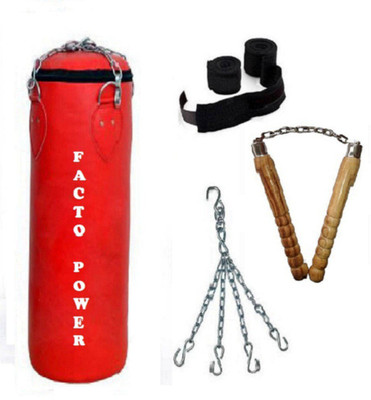 

FACTO POWER 5.0 Feet Long, P.U Material, Red Color, Unfilled with Hanging Chain with 9 Feet Long Black Color Hand Wraps Pair & Wooden Handle Non Chaku Boxing Kit
