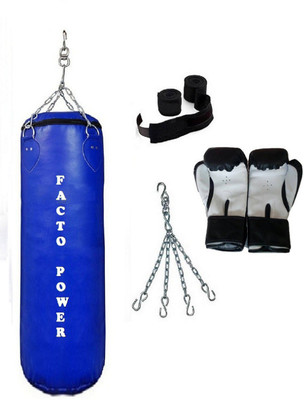 

FACTO POWER 6.5 Feet Long, P.U Material, BLUE Color, Unfilled with Hanging Chain with 9 Feet Long Black Color Hand Wraps Pair & Boxing Gloves Pair Boxing Kit