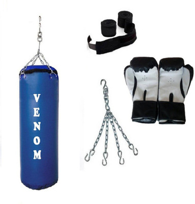

Venom 3.0 Feet Long, SRF - HEAVY Material, BLUE Color, Unfilled with Hanging Chain with 9 Feet Long BLACK Color Hand Wraps Pair & Boxing Gloves Pair Boxing Kit