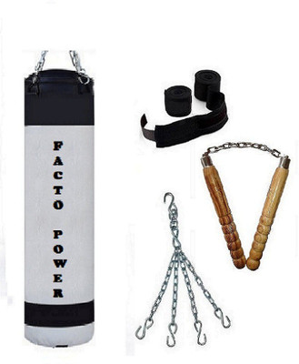 

FACTO POWER 3.0 Feet Long, P.U Material, White and Black Color, Unfilled with Hanging Chain with 9 Feet Long Black Color Hand Wraps Pair & Wooden Handle Non Chaku Boxing Kit