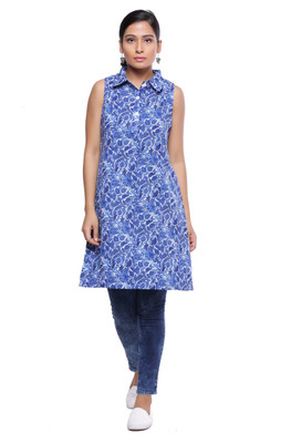 Naksh Jaipur Women Printed Asymmetric Kurta(Blue)