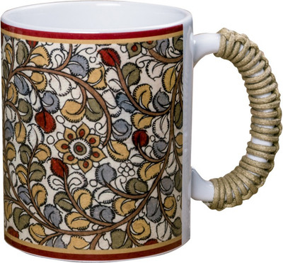 

Kalamkari Design Multicolor Stoneware Microwave safe Coffies With Cotton Chord Handle Ceramic Mug(300 ml)