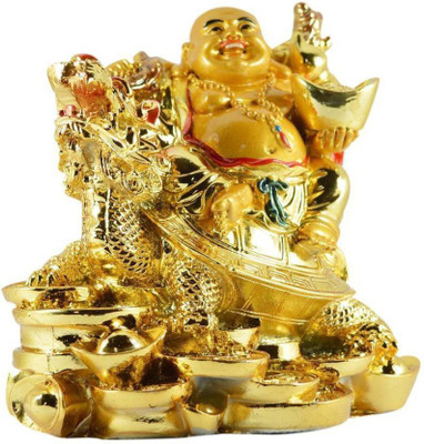 

Varanasi Enterprises Laughing Buddha" With Dragon Boat & Coins Decorative Showpiece - 12 cm(Polyresin, Gold)