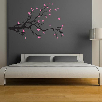 Asmi Collections 165 cm Black Branches Pink Leaves Birds Removable Sticker(Pack of 1)