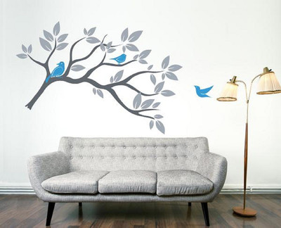 Asmi Collections 150 cm Beautiful Gray Tree Branches and Blue Birds Removable Sticker(Pack of 1)