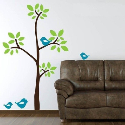 Asmi Collections 130 cm Green Tree Blue Birds Removable Sticker(Pack of 1)