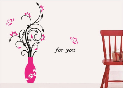 Asmi Collections 112 cm Beautiful Pink Vase and Flowers Butterflies Removable Sticker(Pack of 1)