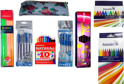 

NATARAJ Combo Pack of -2 for 1 Pencil (10 PENCILS) + 10 Fluro Neon Pencil + 1 SET OF 10 Colour Pencils + 5 Gelix Gel Pen + 5 SuperX Ball Pen + Kolostahl 12 Plastic Crayons + Kolostahl 12 Jumbo Wax Crayons STATIONERY SET