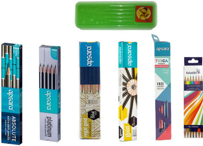 

Apsara Combo Pack of- 20 Absolute Pencil + 20 Platinum pencil + 20 Regal Gold Pencil + 20 Triga Pencil + 20 Gold Pencil+ 1 SET OF KOLOSTAHL 7 BI- COLOUR PENCIL