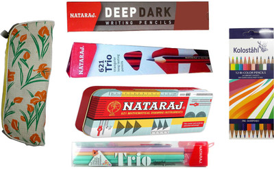 

NATARAJ Combo Pack of- 1 Geometry Box + 621 Trio Pencils(10 Pencils) + 10 Trio Cheerful Pencils + 10 Deep Dark Pencils + KOLOSTAHL 12 BI COLOUR PENCIL STATIONERY SET