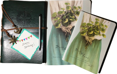 

Goonj Creations Assorted Gift Set(Gift Series 3 ( set of 4 , Green Leather Journal , Notebook Ruled Girl With A Pot 2 , one Stylus Pen Silver ), GREEN , Silver, Pack of 4)