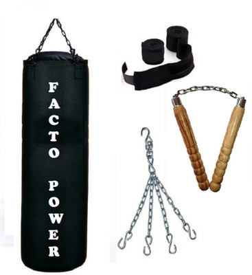 

Facto Power 2.0 Feet Long, CANVAS Material, Black Color, Unfilled with Hanging Chain with 9 Feet Long Black Color Hand Wraps Pair & Wooden Handle Non Chaku Boxing Kit