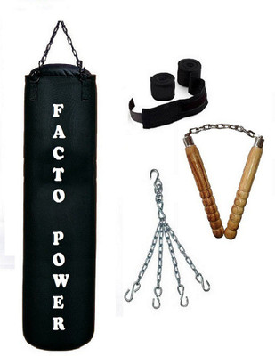 

FACTO POWER 6.0 Feet Long, CANVAS Material, Black Color, Unfilled with Hanging Chain with 9 Feet Long Black Color Hand Wraps Pair & Wooden Handle Non Chaku Boxing Kit