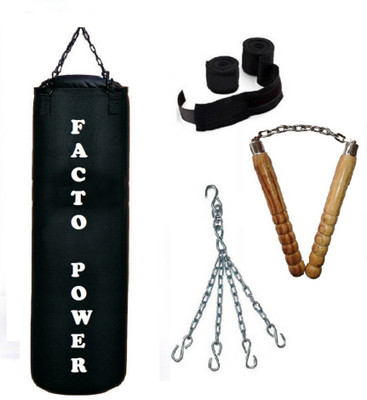 

Facto Power 2.5 Feet Long, CANVAS Material, Black Color, Unfilled with Hanging Chain with 9 Feet Long Black Color Hand Wraps Pair & Wooden Handle Non Chaku Boxing Kit
