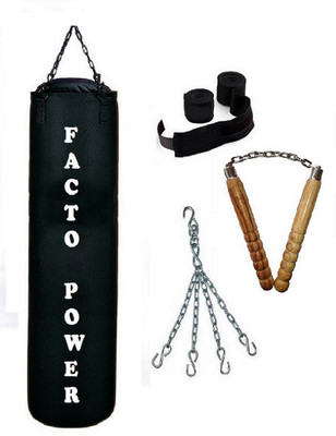 

Facto Power 5.5 Feet Long, CANVAS Material, Black Color, Unfilled with Hanging Chain with 9 Feet Long Black Color Hand Wraps Pair & Wooden Handle Non Chaku Boxing Kit