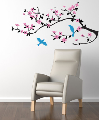 Asmi Collections 150 cm Beautiful Tree Branches Pink Cherry Blossom Flowers Birds Removable Sticker(Pack of 1)