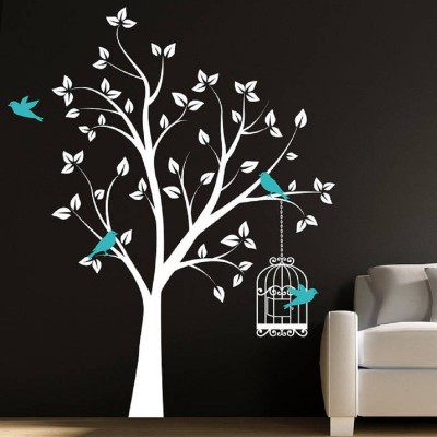 Asmi Collections 120 cm Beautiful White Tree Blue Birds and Cage Removable Sticker(Pack of 1)