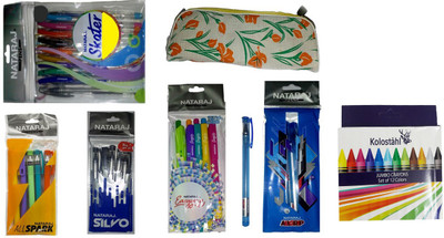 

NATARAJ Combo Pack of- 1 Set Skater Colourful Sparkle Gel Pen + 10 Silvo Ball Pen + 10 Easy Grip Ball Pen + 10 All Grip Ball pen + 10 All Spark Ball Pen + KOLOSTAHL 12 JUMBO WAX CRAYONS STATIONERY SET