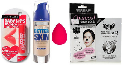 

Maybelline Cherry Kiss Lip Balm & Better Skin Foundation With Puff & 10 Pcs Charcoal Nose Mask(Set of 1)