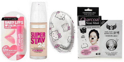 

Maybelline Pink Lolita Lip Balm & Super Stay Foundation With Blending Puff & 10 Pcs Charcoal Nose Mask(Set of 1)