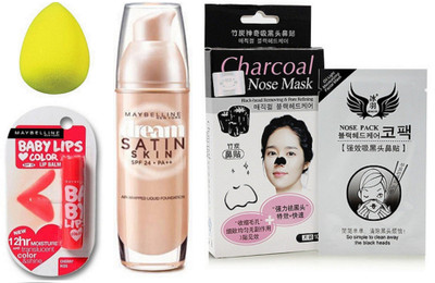 

Maybelline Cherry Kiss Lip Balm & Satin Skin Foundation With Puff & 10 Pcs Charcoal Nose Mask(Set of 1)