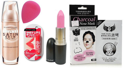 

Maybelline Dream Satin Skin Foundation With Blending Puff & Cherry Kiss Lip Balm & Mac Saint Germain Lipstick & 10 Pcs Charcoal Nose Mask(Set of 1)