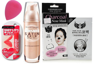 

Maybelline Cherry Kiss Lip Balm & Satin Skin Foundation With Blending Puff & 10 Pcs Charcoal Nose Mask(Set of 1)