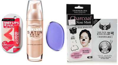 

Maybelline Cherry Kiss Lip Balm & Satin Skin Foundation With Blending Puff & Charcoal Nose Mask(Set of 1)