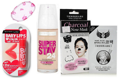 

Maybelline Cherry Kiss Lip Balm & Super Stay Foundation With Puff & Charcoal Nose Mask(Set of 1)