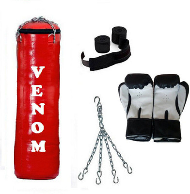 

Venom 6.5 Feet Long, SRF - HEAVY Material, RED Color, Unfilled with Hanging Chain with 9 Feet Long Black Color Hand Wraps Pair & Boxing Gloves Pair Boxing Kit