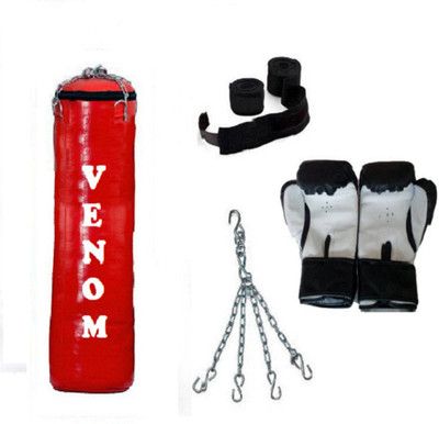 

Venom 5.5 Feet Long, SRF - HEAVY Material, RED Color, Unfilled with Hanging Chain with 9 Feet Long Black Color Hand Wraps Pair & Boxing Gloves Pair Boxing Kit