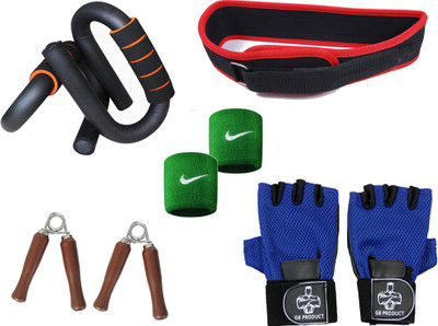 

GB Pack Of Push-Ups Bar, Wooden Grippers,Belt (Small), Glove & Wrist band Gym & Fitness Kit