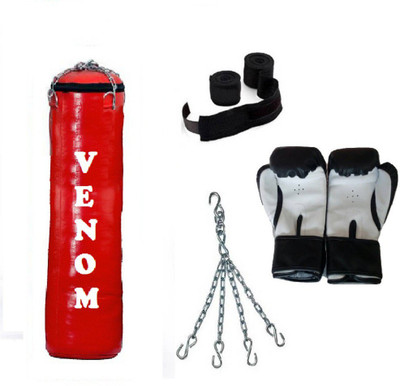 

Venom 2.0 Feet Long, SRF - HEAVY Material, RED Color, Unfilled with Hanging Chain with 9 Feet Long Black Color Hand Wraps Pair & Boxing Gloves Pair Boxing Kit