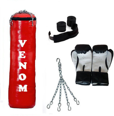 

Venom 8.0 Feet Long, SRF - HEAVY Material, RED Color, Unfilled with Hanging Chain with 9 Feet Long Black Color Hand Wraps Pair & Boxing Gloves Pair Boxing Kit